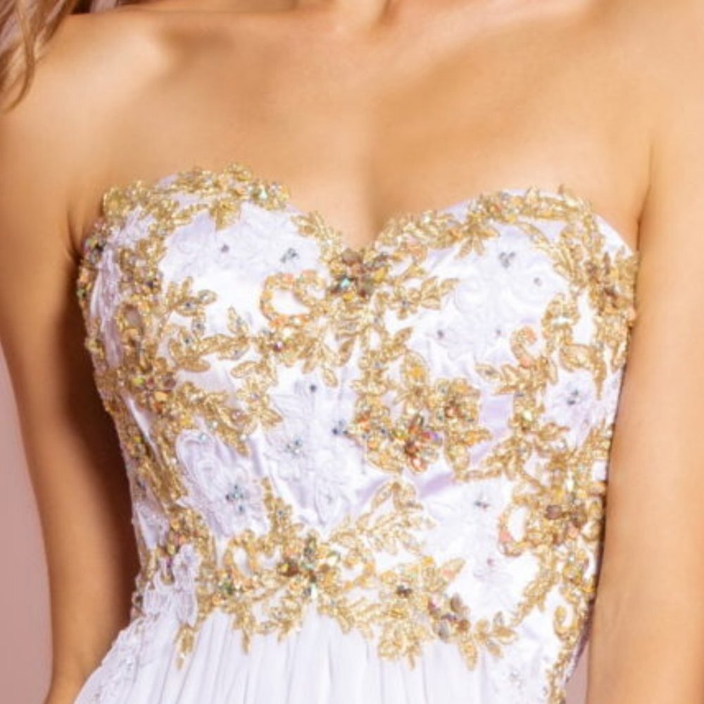 NEW LONG SLEEVELESS A-LINE STRAPLESS DRESS EMBROIDERED WITH RHINESTONES GL2050 - Picture 9 of 10